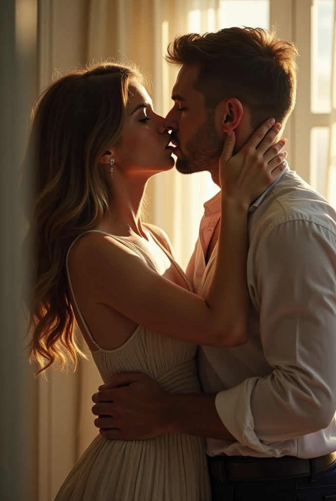 A captivating portrait shot of a stunning spanish men supermodel kissing with women, posing in his opulent bedroom, tastefully decorated, extremely detailed anatomical details, olive skin, beauty beyond compare, perfect fingers, Unreal Engine 5 --ar 9:16 --stylize 750 --niji 5