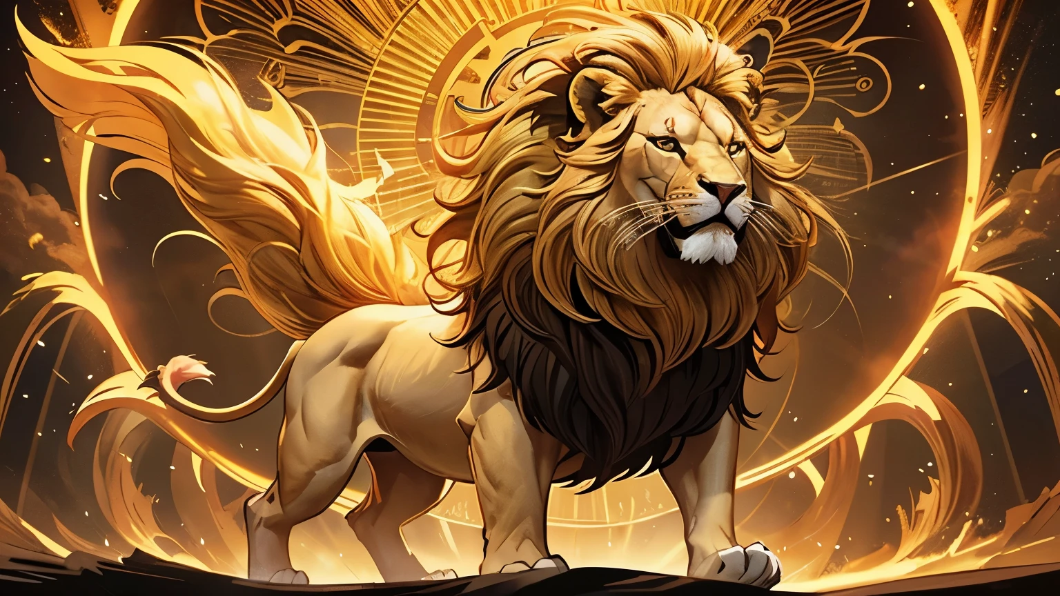 " A majestic lion roaring under the golden sun , with a flaming mane .  A radiant figure wears a crown and carries the Lion symbol on a shining medallion. In the background,  golden rays of light fill the scene . Grand and powerful style ."