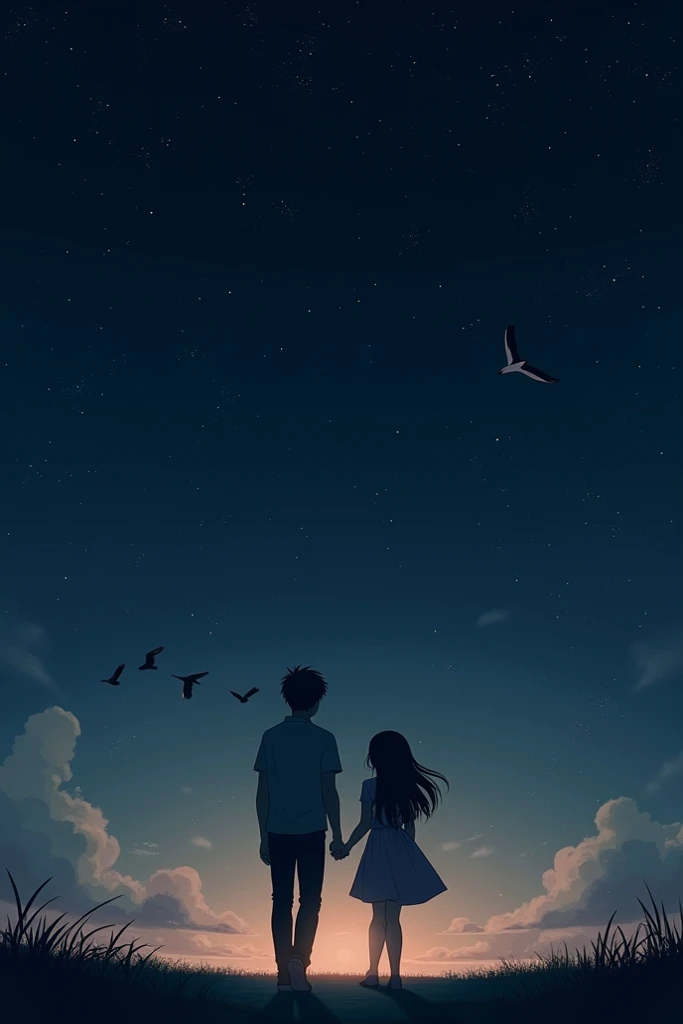 (beautiful and magnificent skyline, couple love, majestic sky), (extremely tense and dramatic pictures, moving visual effects), (high hanging Polaris, colorful natural light), (2boy), (long-sleeved top, denim shorts, carrying a backpack), (dynamic pose:1.3, black eyes, black hime-cut hair, sparkling girl)[:0.8], (large grassland), (oncoming breeze), (brown hair and background Coordination effect: 1.2), (close shot, long shot mix and match)[::0.9]