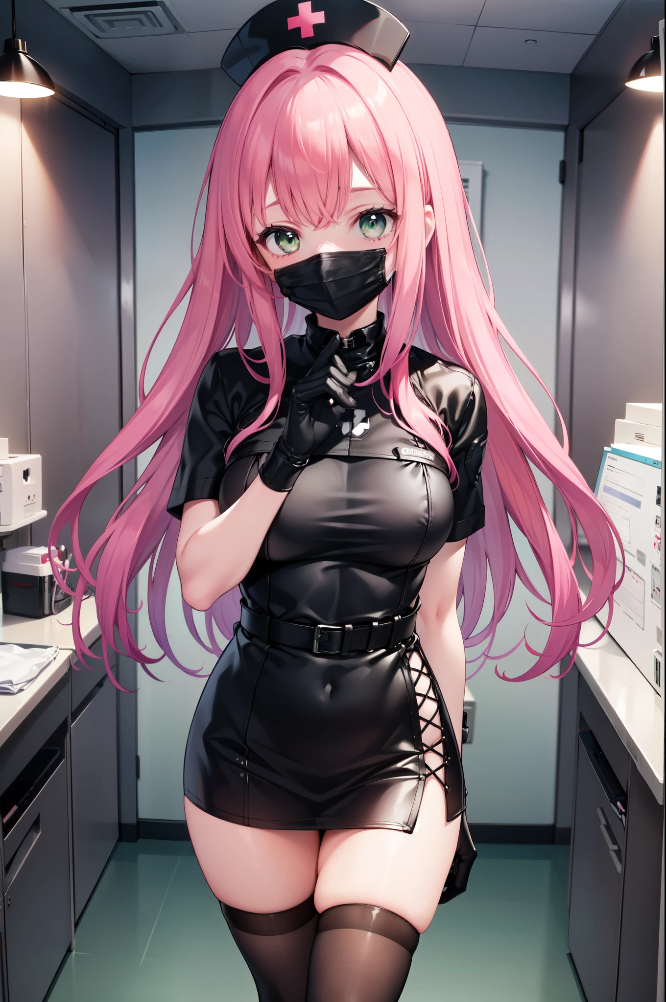 black nurse, 1woman, solo, black nurse cap, black nurse uniform, ((black legwear, zettai ryouiki)), black elbow gloves, pink hair, green eyes, drooping eyes, ((black surgical mask, covered nose)), standing, ((surgery room)), sharp outline, short sleeves, mature female, 32 years old, best quality, masterpiece