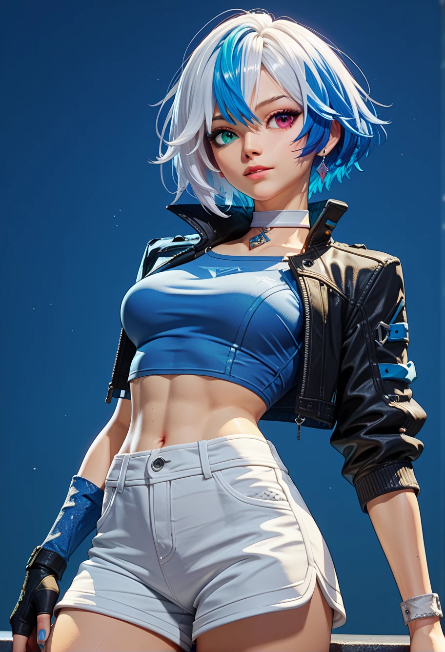 mrlunas,short hair, split-color hair, heterochromia,jewelry, white choker, cropped jacket, black jacket, blue crop top, mismatched fingerless elbow gloves, single crystal glove, blue nails, midriff, white shorts