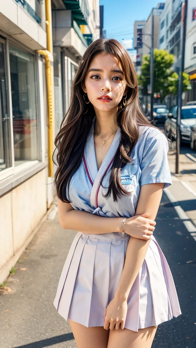 a beautiful 18 year old Japanese high school girl with perfect anatomy, healthy thighs, beautiful legs, beautiful skin, random hair color and style, large breasts, (wearing a Japanese schoolgirl uniform:1.3), (she is standing:1.2), penny loafers, holding a student bag, full body shot, standing on a city street, (best quality,4k,8k,highres,masterpiece:1.3),(extremely detailed:1.2), photorealistic, ultra-detailed, vivid colors, studio lighting, professional