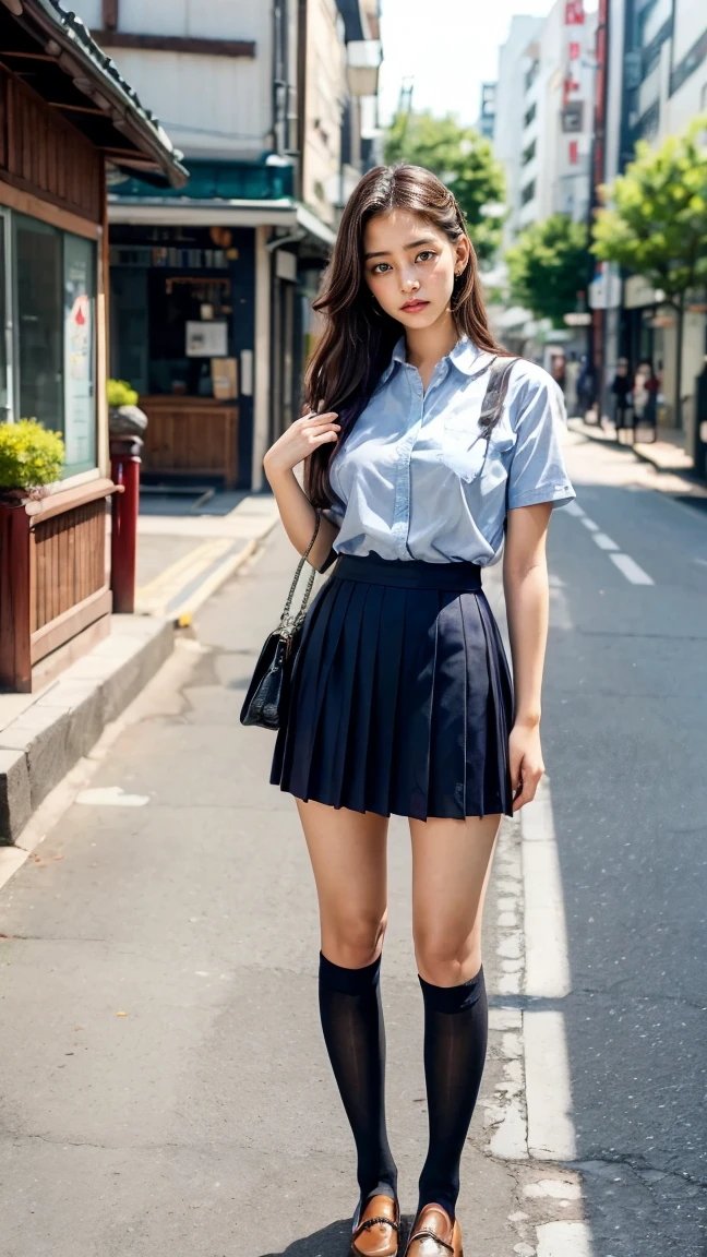 a beautiful 18 year old Japanese high school girl with perfect anatomy, healthy thighs, beautiful legs, beautiful skin, random hair color and style, large breasts, (wearing a Japanese schoolgirl uniform:1.3), (she is standing:1.2), penny loafers, holding a student bag, full body shot, standing on a city street, (best quality,4k,8k,highres,masterpiece:1.3),(extremely detailed:1.2), photorealistic, ultra-detailed, vivid colors, studio lighting, professional