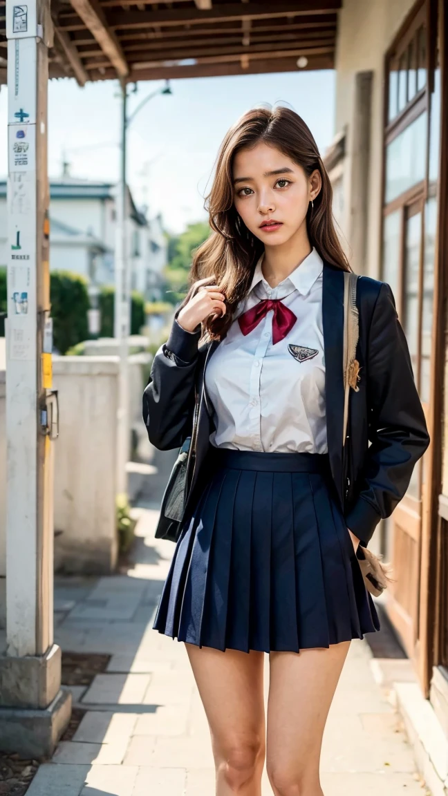 a beautiful 18 year old Japanese high school girl with perfect anatomy, healthy thighs, beautiful legs, beautiful skin, random hair color and style, large breasts, (wearing a Japanese schoolgirl uniform:1.3), (she is standing:1.2), penny loafers, holding a student bag, full body shot, standing on a city street, (best quality,4k,8k,highres,masterpiece:1.3),(extremely detailed:1.2), photorealistic, ultra-detailed, vivid colors, studio lighting, professional