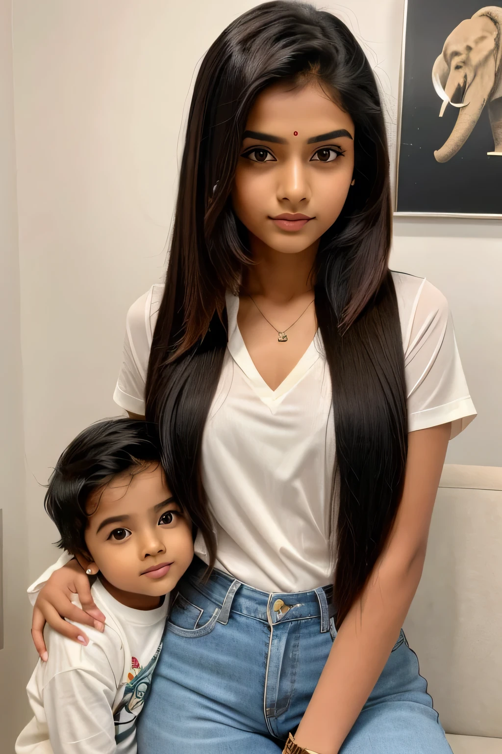 cute Indian girl with cute little baby with stylish straight long hair with cute stylish pink colour chudidhar with cute romantic cute pic (Ultra high quality),,