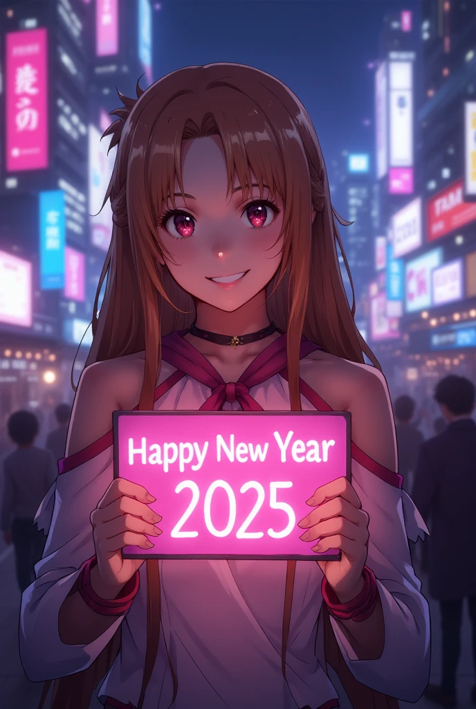 (masterpiece, Highest quality, 8k, Sharp focus, Depth of written boundary, Best Shadow, Perfect lighting, High resolution, Realistic skin texture, ultra-detailed background, detailed), Anime Style, Asuna  holding a Happy New Year 2025 sign (He is slim, compensate, eyeliner, Glitter), At the nightclub, Cyberpunk Theme,  Cyberpunk City.