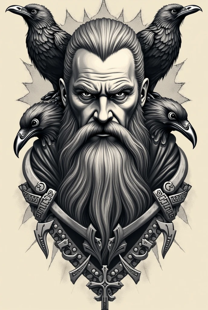 Create a black and white pointillism tattoo of a Viking with a raven flying over swords and runes
