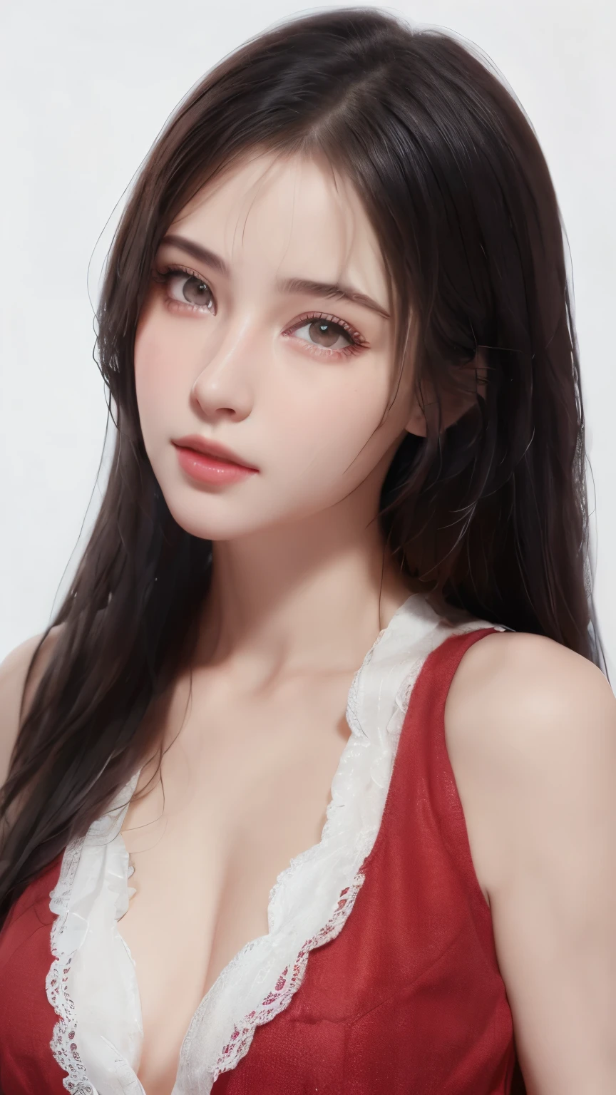 ((whole body)), 1 girl, Long hair, Translucent red skirt, (Transparent red silk), Black Hair, (Lying in bed), Mysterious smile, Slender eyes, Fascinating eyes, Extremely detailed photos of the goddess, Three long thin red hairpins, Elongated eyebrows, tall, Snow-white skin, Medium breasts, Exposing chest, Very high color saturation, Off-shoulder, long legs, raised eyebrows, light smile, Barefoot, bare legs, Delicate face, Fluffy hair, Small mouth, Surrealism, ray tracing, reflection light, Fujicolor, retina, masterpiece, anatomically correct, high details, highres, 8k, super detail