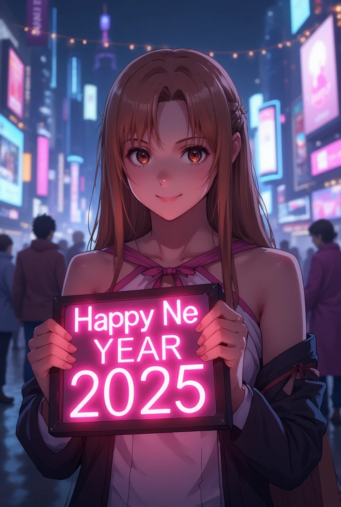 (masterpiece, Highest quality, 8k, Sharp focus, Depth of written boundary, Best Shadow, Perfect lighting, High resolution, Realistic skin texture, ultra-detailed background, detailed), Anime Style, Asuna  holding a Happy New Year 2025 sign (He is slim, compensate, eyeliner, Glitter), At the nightclub, Cyberpunk Theme,  Cyberpunk City.