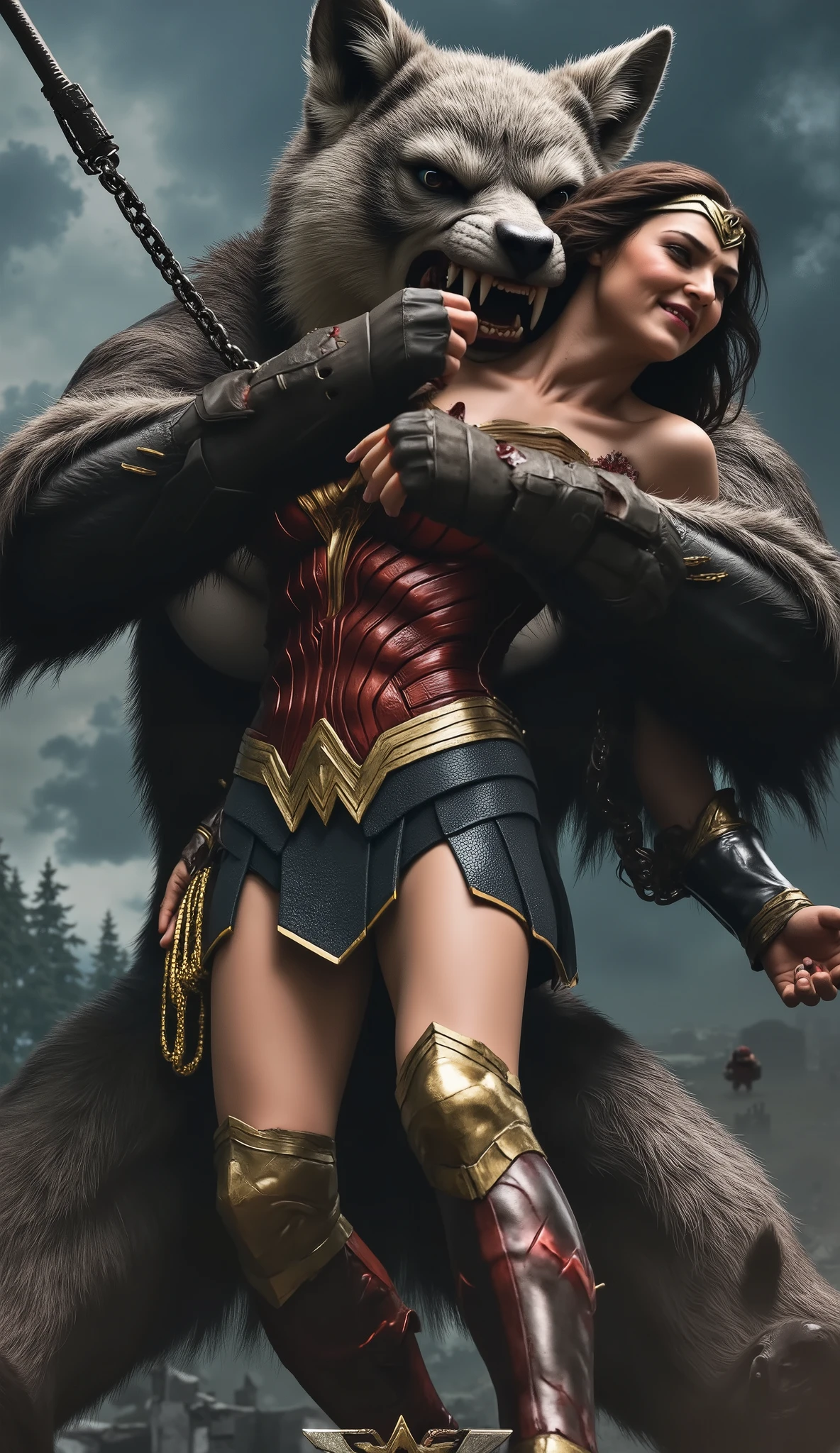 Gal Gadot is Wonder woman, ((fighting with the Steppenwolf)), a very beautiful Korean face, very bright white skin, brown hair, ((leather fabric short skirt:1.8)), dirty body, ((bound arms by chain behind her back)), she is defeated, the Steppenwolf severely assault from front of wonder woman, face to face, a huge body fierce Steppenwolf is catching her neck and bite Wonder woman, (the Steppenwolf is taller than Wonder woman:1.4), blood on her neck, painful face, she is screaming in pain, photorealistic, hyper realistic, (whole body visible), in the night, ancient myth war,