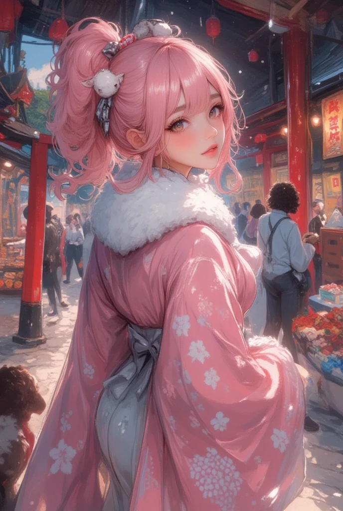 (masterpiece:1.3, top quality :1.3, detailed depiction :1.3, Amazing high definition :1.3, High Quality Anime Paintings ),  pink fluffy hair, Tied up hair,,  sheep motif hairpin , round sheep horn :1.2, Thick eyebrows, Pink long-sleeved kimono:1.2, pink long-sleeved kimono:1.2,  with white fur wrapped around the neck,  brown boots , shrine, Fair stalls line up , torii