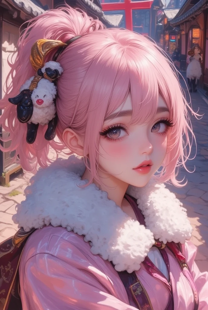 (masterpiece:1.3, top quality :1.3, detailed depiction :1.3, Amazing high definition :1.3, High Quality Anime Paintings ),  pink fluffy hair, Tied up hair,,  sheep motif hairpin , round sheep horn :1.2, Thick eyebrows, Pink long-sleeved kimono:1.2, pink long-sleeved kimono:1.2,  with white fur wrapped around the neck,  brown boots , shrine, Fair stalls line up , torii