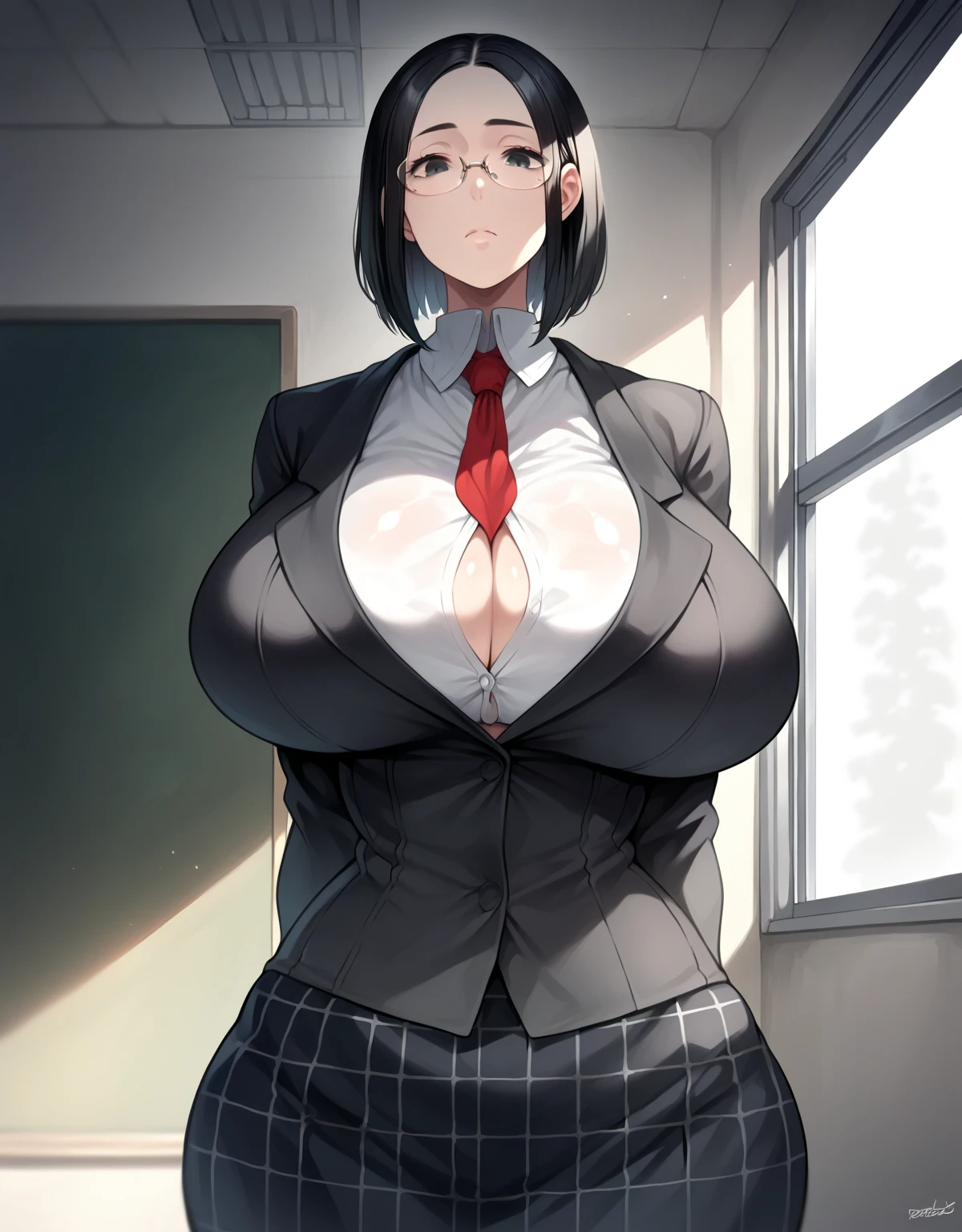 1 girl, alone, huge breasts, black hair, black eyes, indoors, empty classroom, empty folders, day, white skin, female school uniform,  black school jacket that frames your figure closed, jacket jacket reaches to the hips and has loose lace, white shirt, red tie, black plaid skirt, wide hips , medium hair, glasses, expressionless look, mouth closed, standing, facing the viewer, calm, masterpiece, best quality, incredible quality, very aesthetic, absurd, the newest, wide hips, slanted eyes, hair between the eyes, face elongated, huge breasts, american plane, portrait, straight bangs, medium hair, straight bangs, hair covers the forehead, medium hair with straight bangs, salón de clases grande, frontal angle, erección mamaria, wide waist, plump body, 