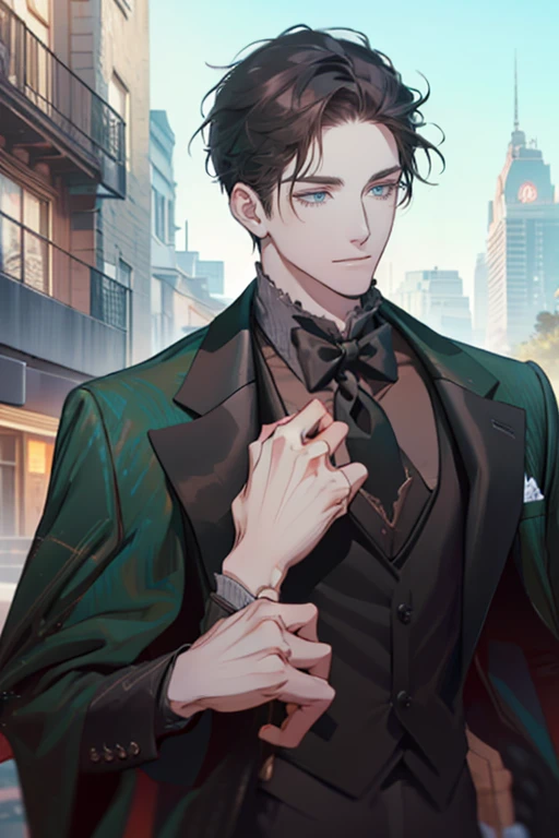 ((a young man in a black suit and tie)), taken in the early 2020s, gotham, alejandro, he looks very sophisticated, (((left side swept bang black short hair))), (dark green eyes and thick eyebrows), smirk. ((20 years old)), ((Black suite and black tie)), masterpiece, posture dynamic, one person