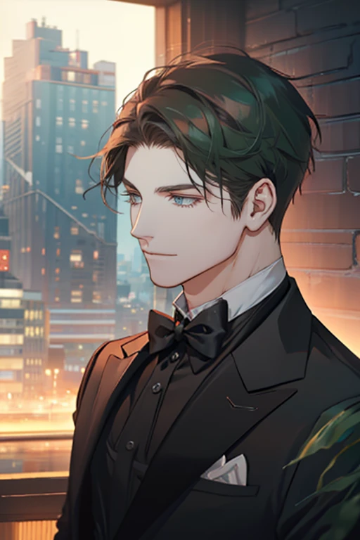 ((a young man in a black suit and tie)), taken in the early 2020s, gotham, alejandro, he looks very sophisticated, (((left side swept bang black short hair))), (dark green eyes and thick eyebrows), smirk. ((20 years old)), ((Black suite and black tie)), masterpiece, posture dynamic, one person