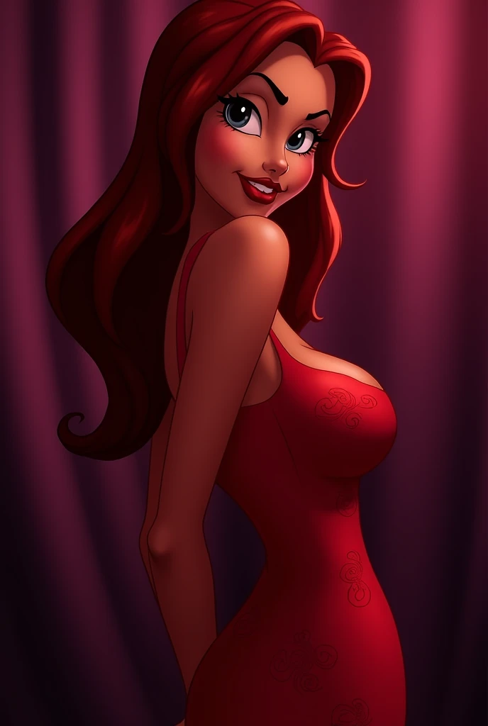 Half-naked cartoon style redhead girl giving blowjob to penis, undressed, completely naked without clothes. Showing off her beautiful breasts 