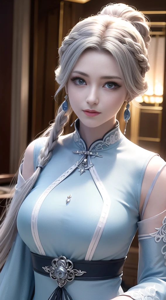 best quality, masterpiece: 1.4), ultra high resolution, actual, front lighting, intricate details, Exquisite details and textures, 1 girl, alone, (young), facial highlight, Upper body, Detailed face, tear nevus, white Skin, silver hair, ponytail, braid, look at the audience, big eyes, black cheongsam, (hollow pattern, white, silk), earrings, , slim figure, VIP room, professional lighting, photon mapping, transmit, Physically based rendering,