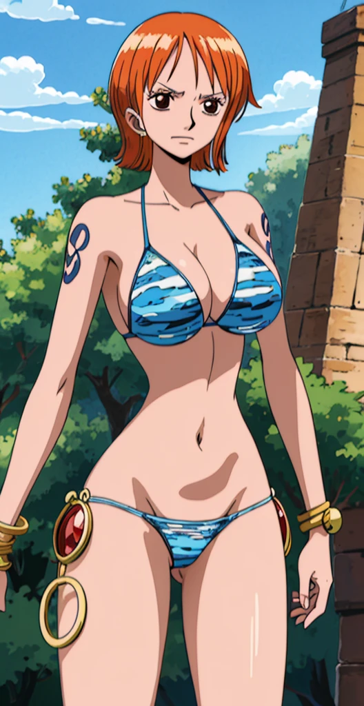 Nami, with her big breasts and beautiful legs, stands wearing a silver bikini.。