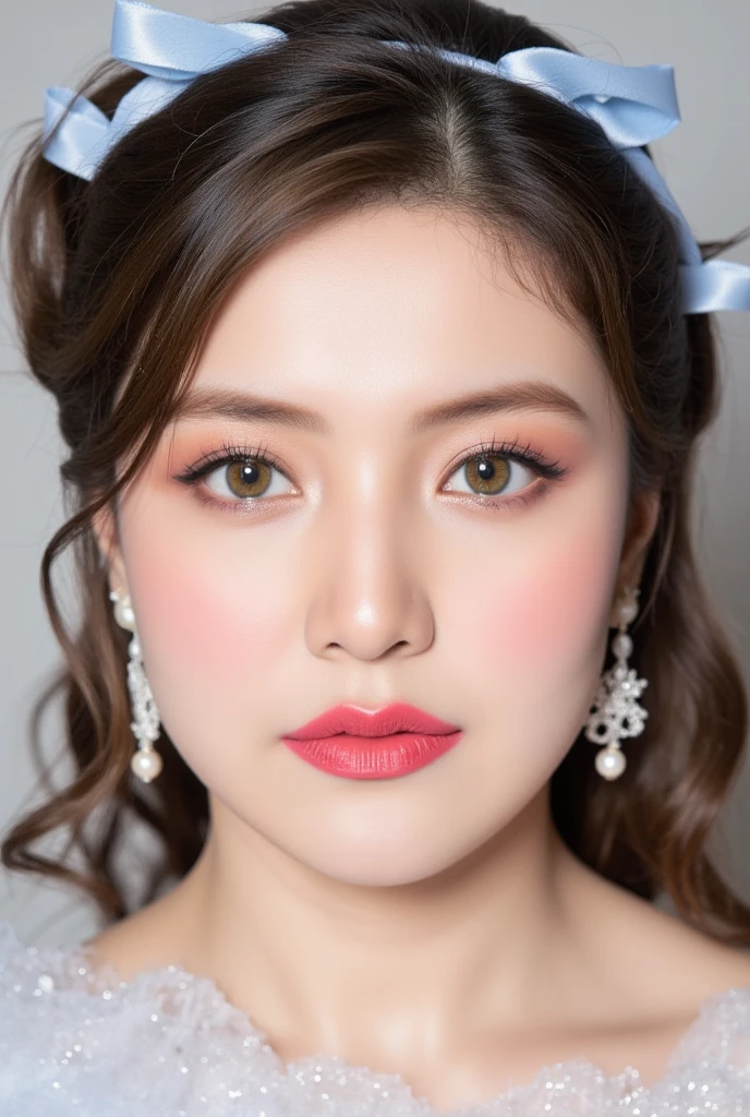 This image portrays a Pakistani girl styled with Korean-inspired makeup, incorporating the discussed features like watery lips, artistic elements, and a straight-faced gaze while looking into the distance. Here's an expanded description that includes all details:

Makeup Details:
Skin:

Her skin has a flawless, dewy finish, creating a glass-skin effect. The smooth and radiant complexion enhances the natural beauty, a hallmark of Korean makeup.
A soft flush of pink blush is swept across the cheeks and subtly onto the nose, mimicking a naturally cold or "frost-kissed" look.
Eyes:

The eyeshadow features a pastel icy-blue shade, giving a dreamy, ethereal feel while keeping the look fresh and vibrant.
Delicate snowflake-shaped glitter and subtle sparkles are applied under the eyes and across the high points of her cheeks, creating a whimsical and artistic aesthetic.
The lashes are long, curled, and defined, contributing to the doe-eyed, wide-open look that's a staple of Korean beauty trends.
Her eyebrows are softly arched, filled in naturally, complementing the overall balance of the face.
Lips:

The lips exhibit a watery, glossy red tint, appearing plump and hydrated. The shine reflects light beautifully, creating a "just-sipped-water" effect.
The cherry-red tint is slightly darker at the center, blending outward into a softer hue for a gradient effect, which is quintessentially Korean.
Accessories:
A light blue hair ribbon adorns her softly curled, light-brown hair, adding a playful and feminine touch.
Pearl-like accents or snowflake details in her hair complement the makeup’s frosty and wintry vibe.
Hairstyle:
Her hair is styled in loose, flowing waves, dyed in a light ash-brown shade, giving a soft and ethereal glow. The placement of tiny, white flecks mimics a "snowfall" effect, enhancing the winter-inspired theme.
Outfit and Context:
She is dressed in a soft blue sweater, with a high neck that frames her face gracefully. The texture and color of the sweater enhanc