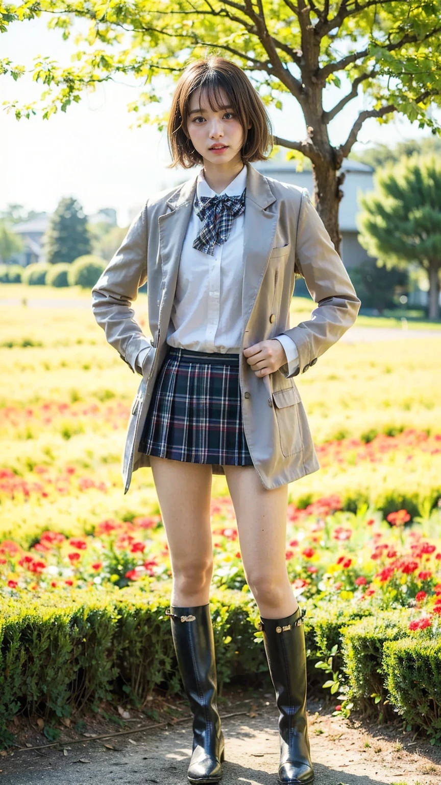 (8k、     RAW photos   、   top quality、masterpiece   :1.2)、(   realistic  、   realistic  )、1 person、((bangs、 short hair、 blazer、Ribbon on chest、 boots、 shirt、 Long Sleeve 、whole body、 Black Plaid Mini Skirt、Flower Field、Narrow waist、 Stand with hands on hips、 standing facing you   )、 cute