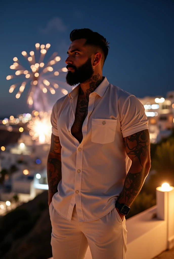 Highest quality、Midsummer evening、Short Hair、Sports haircut、Big macho man、A muscular man wearing a yukata watching fireworks on the veranda、Lonely face、Pectoralis major、Abdominal muscles、Brown skin、Blue Eyes、White Hair