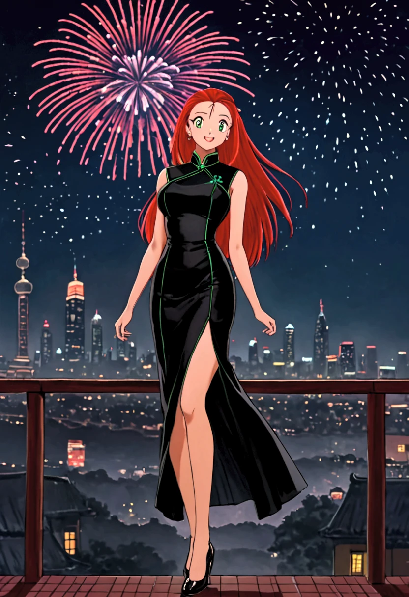 A beautiful woman, long red hair, green eyes, big tits, black Qipao, black woman shoes, a happy smile, in the night, fireworks in the sky.  