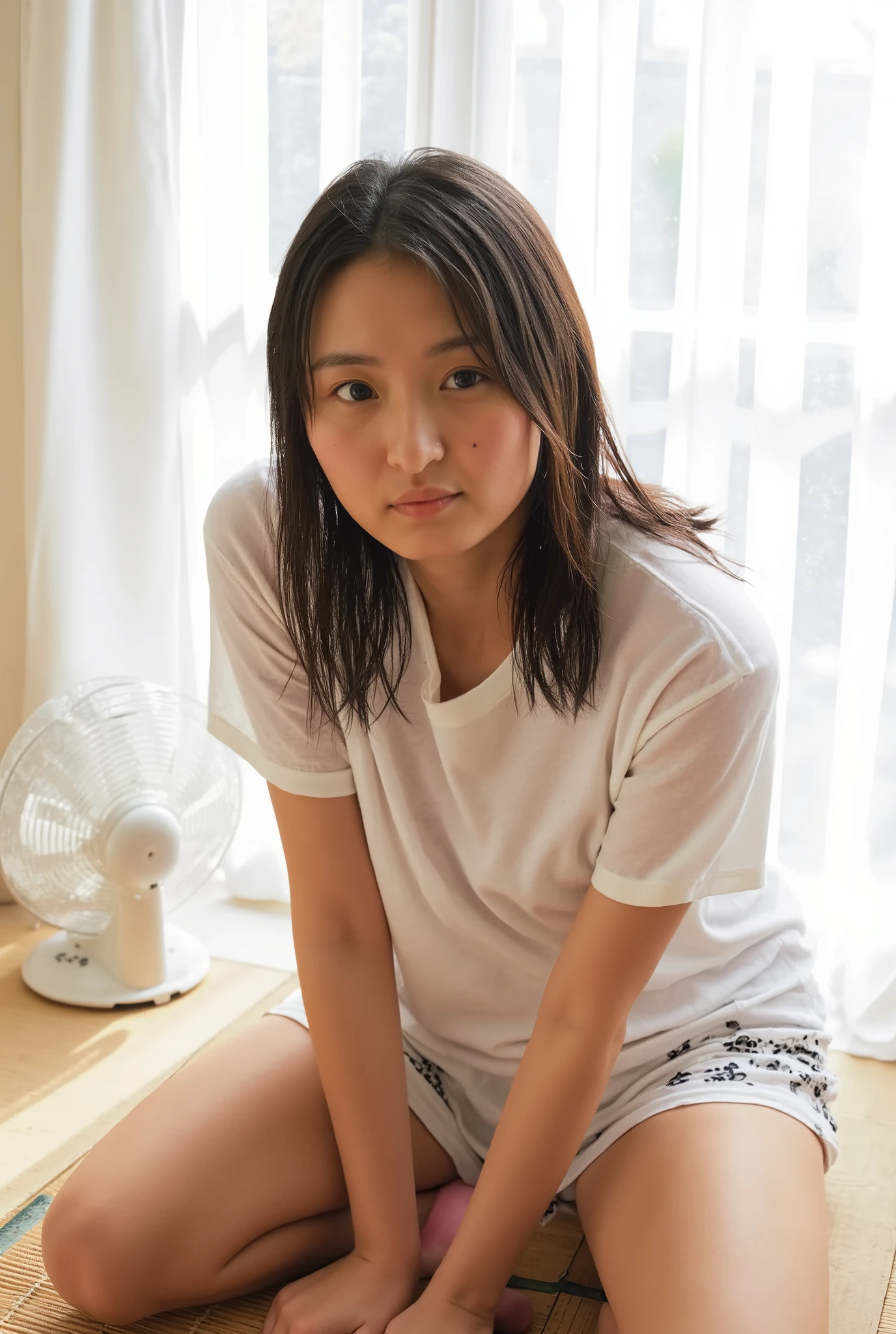 high resolution photograph of a Japanese girl named endo_sakura, The image shows a young woman sitting on a bamboo mat in front of a white fan. She is wearing a white t-shirt with covered nipples visible, and white shorts with black and white floral patterns. Her long dark hair is styled in loose waves and she is looking directly at the camera with a serious expression. she gets sweaty and shiny skin on a hot summer day. The fan is placed on the floor next to her and the background shows a window with white curtains. The overall mood of the image is calm and peaceful. 