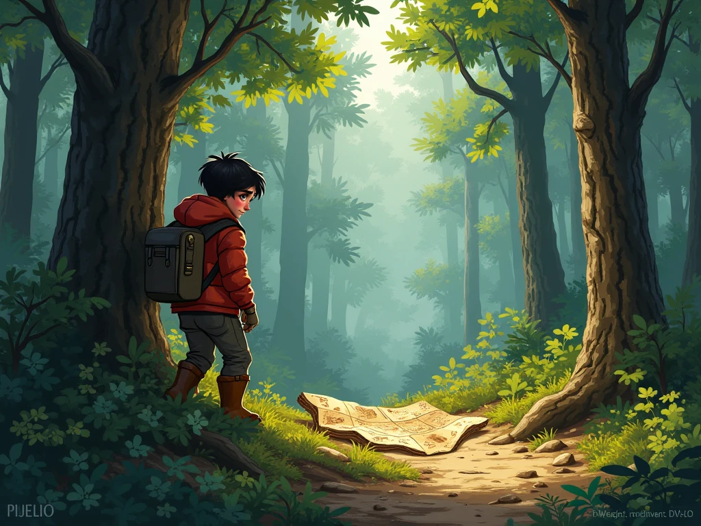 little boy in red cape finds an old map under a big tree. He unfolds it and shows it to his friends.. watercolor 