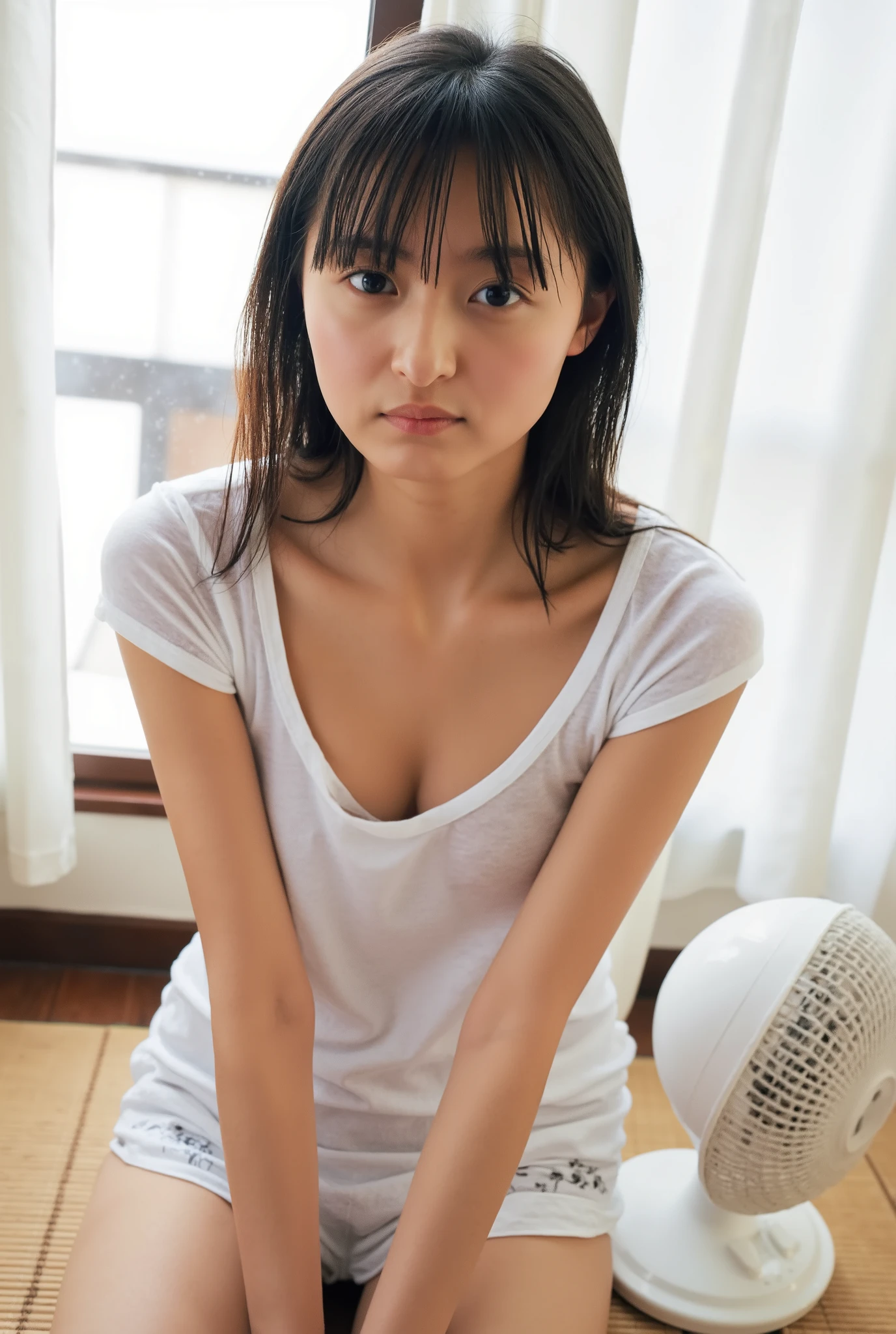 high resolution photograph of a Japanese girl named endo_sakura, The image shows a young woman sitting on a bamboo mat in front of a white fan. She is wearing a white t-shirt with covered nipples visible, and white shorts with black and white floral patterns. Her long dark hair is styled in loose waves and she is looking directly at the camera with a serious expression. she gets sweaty and shiny skin on a hot summer day. The fan is placed on the floor next to her and the background shows a window with white curtains. The overall mood of the image is calm and peaceful. 