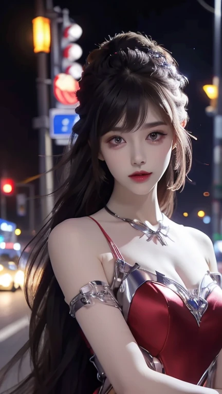 4k ultra hd, masterpiece, high details, a girl, cute face, detailed eyes, long hair, detailed lips, medium breasts, red lights on dress, Cyberpunk red dress, red neon lights connected on dress, neon breasts, bare waist, red electric current effect, glowing effect, direct-x 2.0 visual effect, high graphic night lights, spreading light, red light reflection, light reflection on road, everywhere spreading red lights, neon lights, sitting, whole body capture,