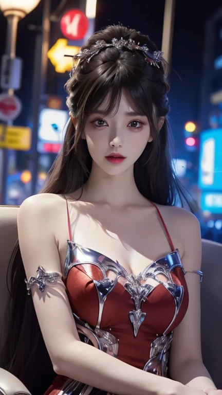 best quality, masterpiece, Ultra-high resolution, lifelike, (panoramic:1.5), (1 girl),(Long hair,Tied into a very long ponytail),(Hair accessories:1.4),There are many chains around the girl binding her,whole body黑丝,Black Focus, Good shape, whole body，Random Pose Reference, Single eyelid eyes, High nose bridge、Pointed nose, V-Shaped Face, Pale skin, Smile, Bokeh   (Show side breasts,round chest,Soft breasts,Breasts are elastic,Shiny Breasts,Breasts are slightly sagging,Slightly larger breast size(white chocker necklace:1.6),(earrings:1.3 )、 (pleading eyes:1.0),(Chu Chu pitiful,frown:1.2) (Deep sadness、sorrow、open mouth :1.2 ) (Close your eyes:0.5)(Open lips:1.0) (Expression of enjoyment:1.2)(slim and slender figure:1.3) (Wearing a slightly transparent two-piece dark red one-piece latex suit,There are scars on clothes,Show cleavage)(STELLAR BLADE,EVE:1.6)(Hair accessories:1.4) 