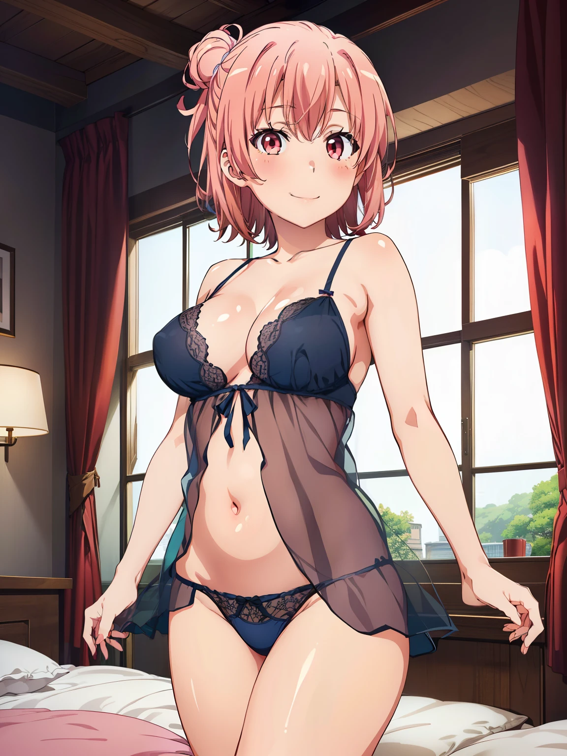 (( top quality , high res, perfect pixel, 4K)), ( beautiful anime girls showing bare skin), depth of writing、
perfect body,
Yuigahama Yui, short hair, (Big Breasts:1.2)、
(pink doll lingerie、see-through lingerie),
belly button、 thighs、
smile、blush、
on the bed、night、night景、bedroom、