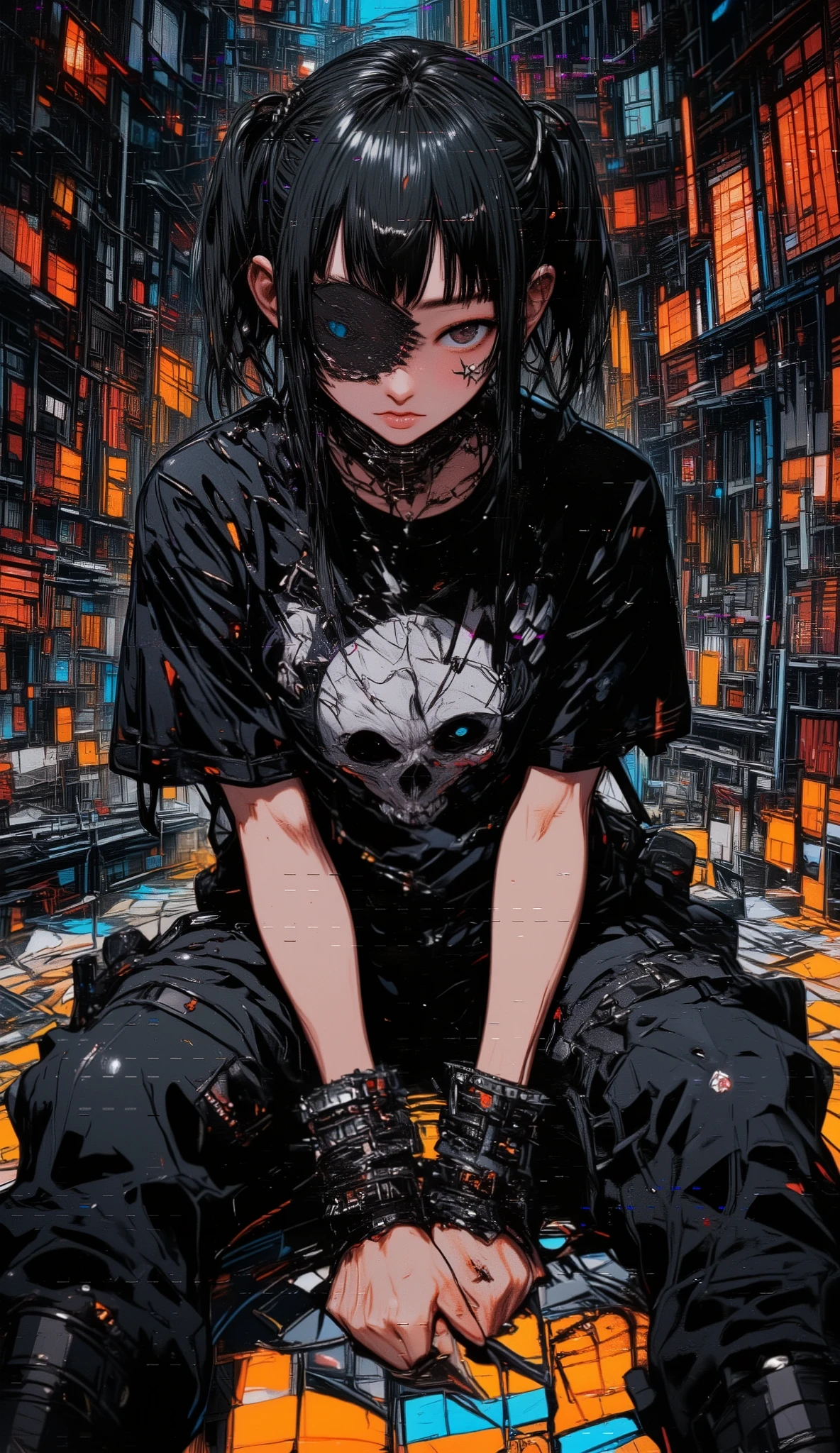 Manga style:1.5, masterpiece, (( ultra detailed background , intricate details )), better quality, intricate details , chromatic aberration, Women, 20 years, looking at the spectator, cabello negro, bangs over one eye , black t-shirt , Skull pattern , short sleeve, sitting on the floor , mask, tattoo with an x eye pencil on the cheek, Spiked bracelets , spiked choker , black pants , pale skin, black lipstick ,