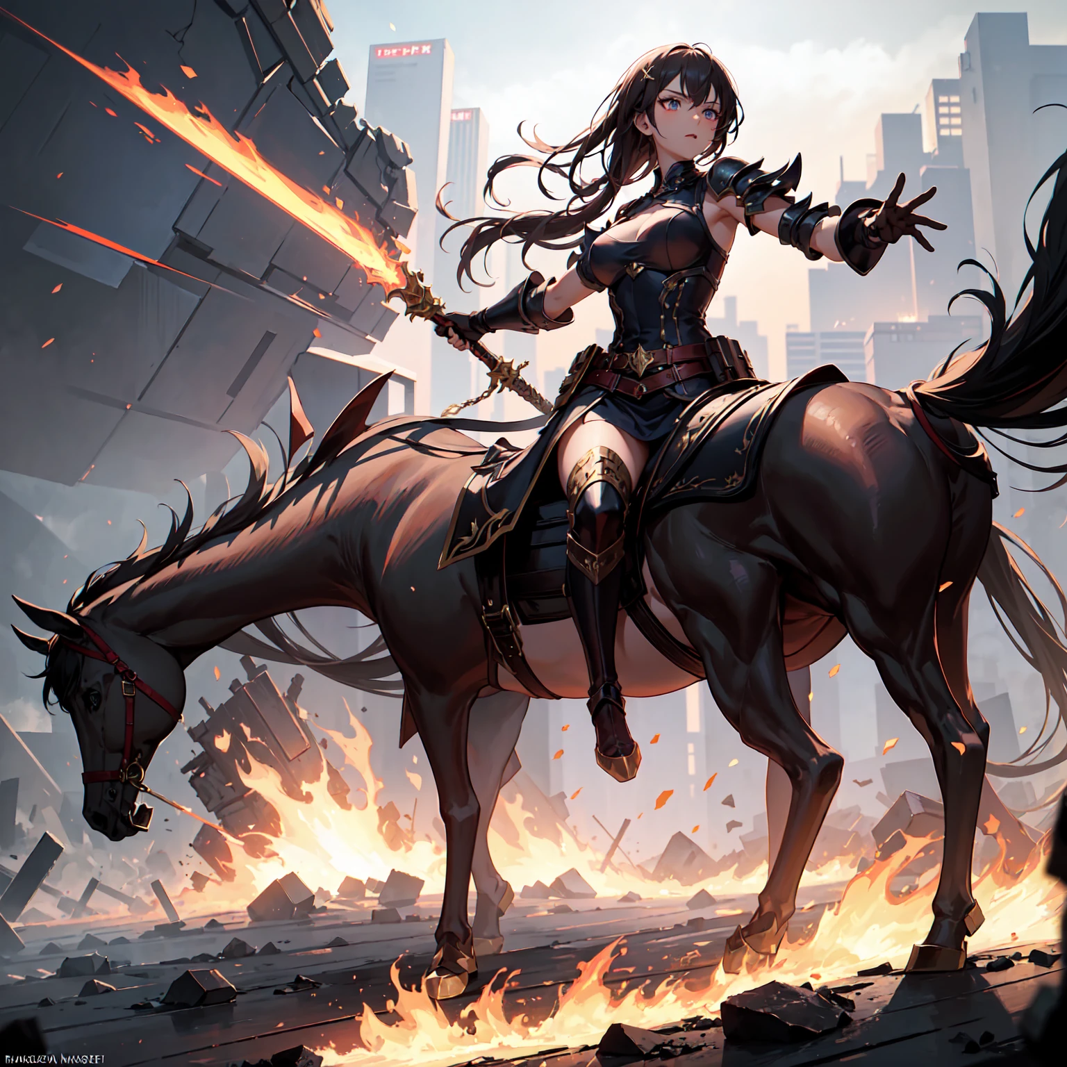 (skull:1.3) knight,centaur, navel, holding, jewelry, medium breasts, high ponytail, weapon, outdoors, barefoot, solo focus, day, midriff, sword, holding weapon, armor, holding sword, straddling, shoulder armor, veil, dual wielding, pauldrons, circlet, desert, arabian clothes, see through mouth veil, head chain,gold mouth veil, pastel color, flaming weapon, fire, see through, heterochromia, blurry background, foggy background, (rim light:1.2), (back light:1.2), Crepuscular Ray,