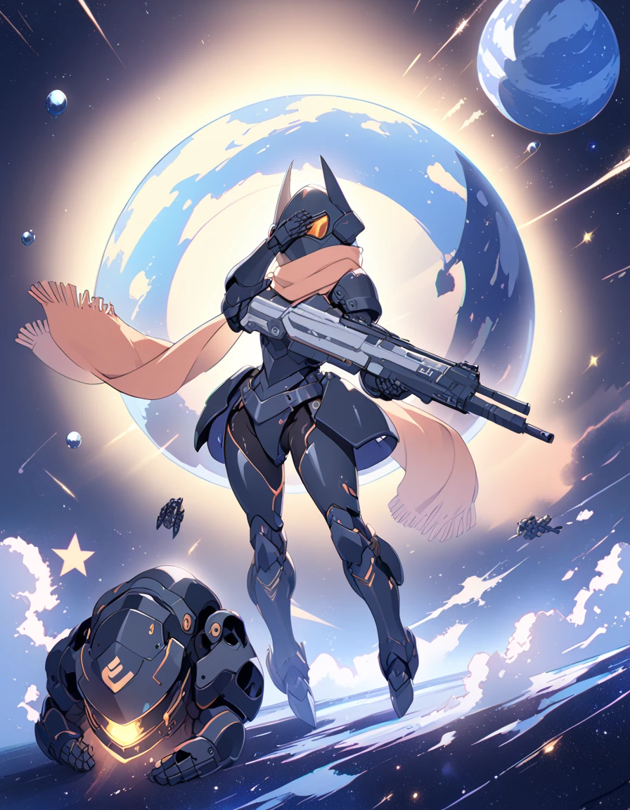 detailed 8k,  female horseman in iron helmet covering her entire face and scarf, holding gun, wearing black technological armor with outer space in the background ( full body )