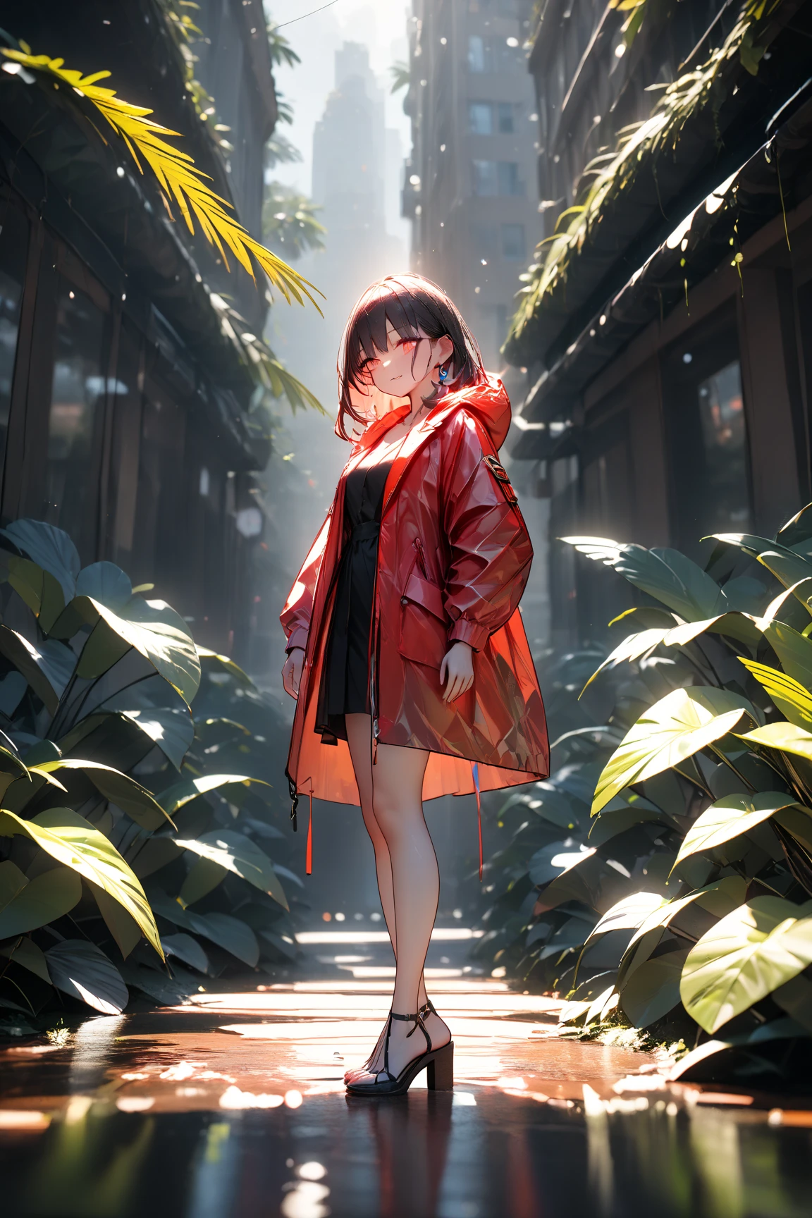 solo,1girl\((haruna:1.3),(haruna:1.3), adult,black hair, cute, beautiful, beautiful eyes, red survival coat, glowing eye, psychic purple spark aura\), background\((Jungle:1.3) urban city)\). beautiful bokeh,(dynamic angle), 3d, landscape. (masterpiece, best quality), amazing quality, very aesthetic, absurdres, highres, newest, HDR, 8K, high detail RAW color art, intricate details, high contrast, photo-referenced, detailed background,