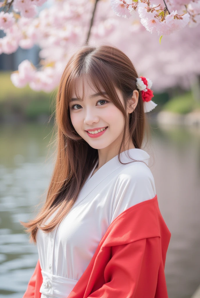 photo of a cosplayer yaemiko, cute face, beautiful, japanese, posing in the pond, cherry blossoms falling, best quality lighting, very real photo, real person photo, realistic photo, photography, cute smile