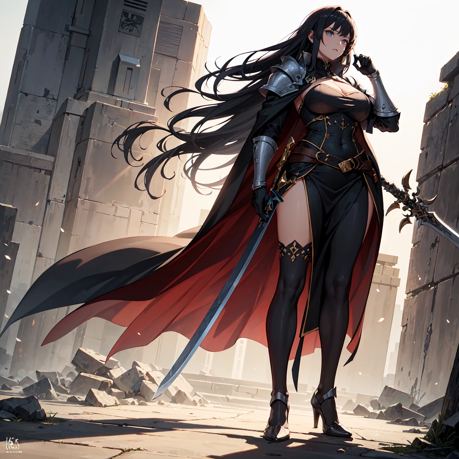 (masterpiece, 4K ,Super detailed:1.2), (anime:1), (Perfect quality), (anger), (((Adult body))), The whole body is shown, View Viewer, Holding a sword, Adult women, tall, Full Body Art, Knight's full plate decorated armor, Silver Cape, Perfect detail, Desperate look, Ultra violent women, Powerfully々And, Muscular, Military Commander, A woman in very heavy white armor, Green Hair
