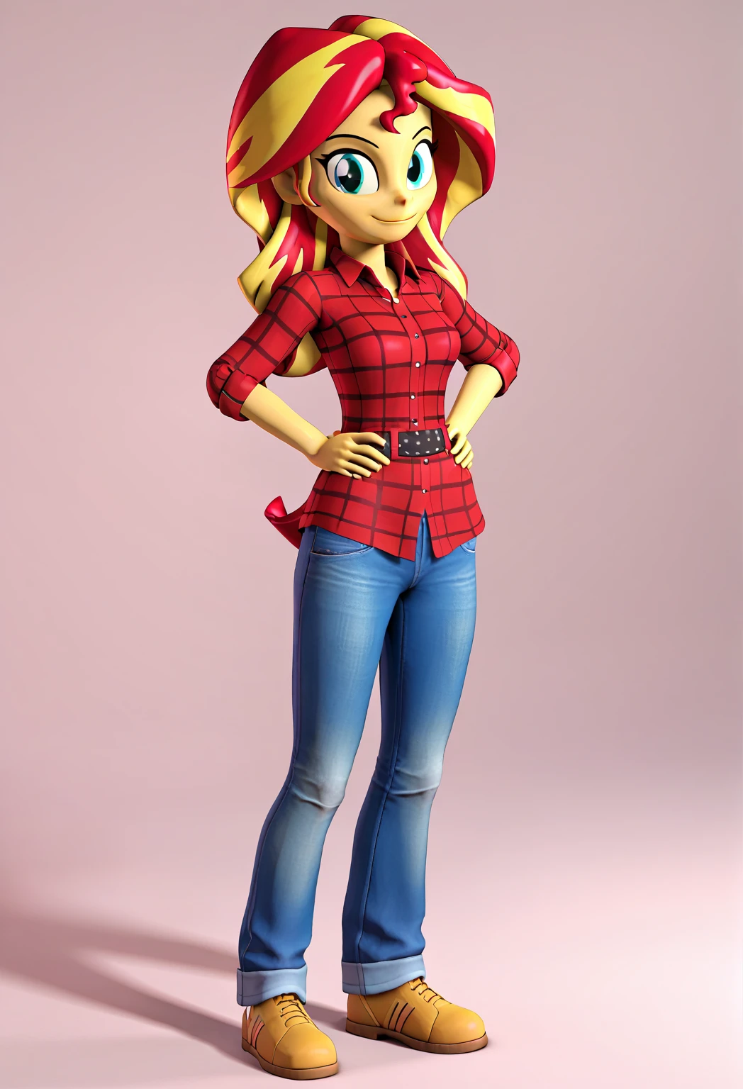 score_9, score_8_up, score_7_up BREAKSambaNekoStyle, sunset shimmer, 3d, sourcefilmmaker ,pestil, painterly hair, sharp contrasts, ,Sunset shimmerEQG, red hair , green eyes, yellow skin, red flannel collared shirt, rolled up sleeves, blue jeans, full body smile, hands on hips,  1girl, solo