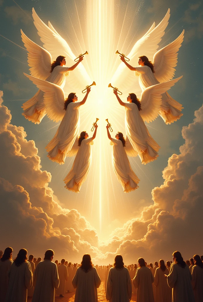  angels sound trumpets and sound like the sky that opens ,
Angels sing , music,  praise 
The heavenly melody fills the air ,
 And the earth bows in adoration to the God who is manifested