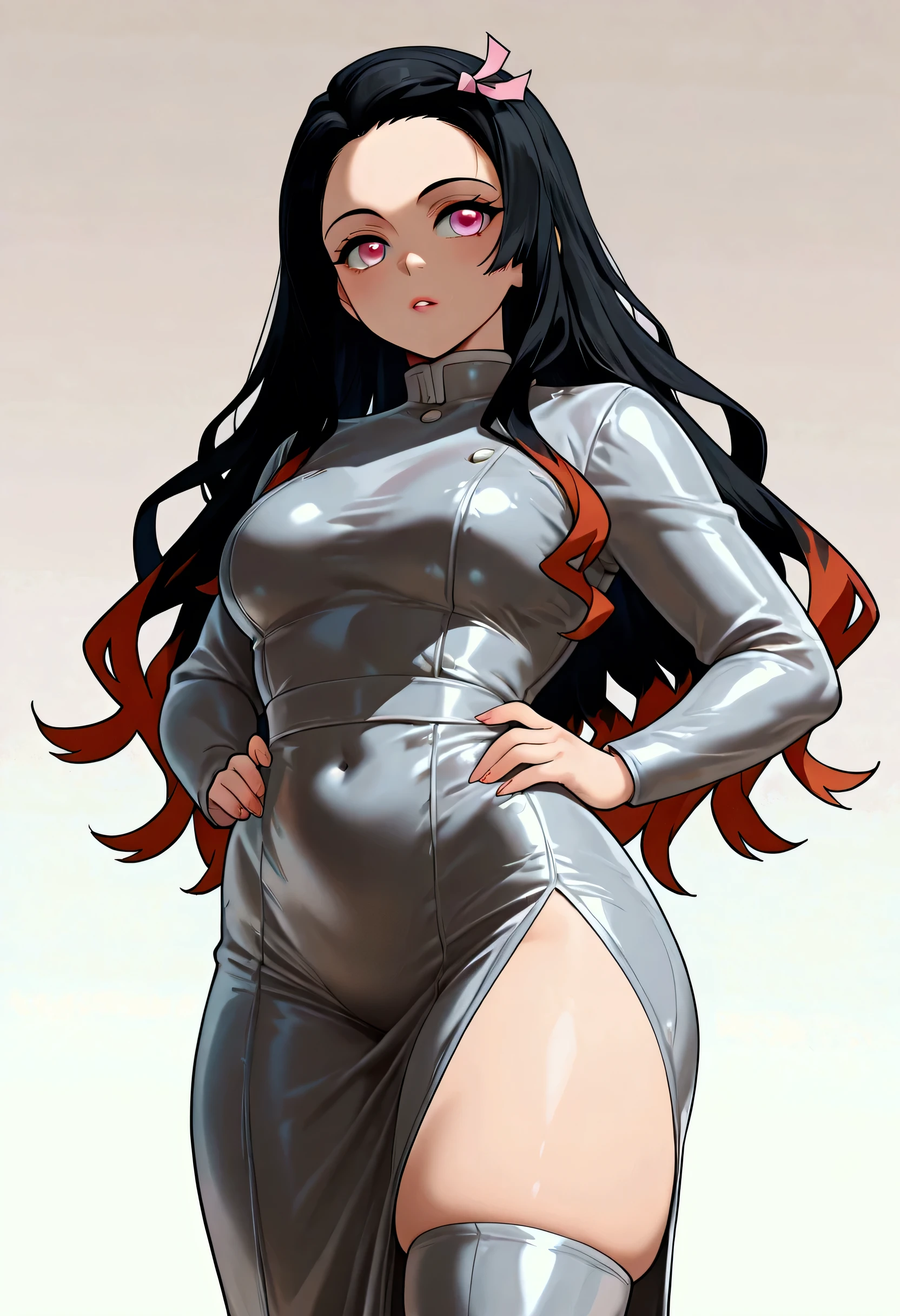 Nezuko_kamado(demon_slayer), 1 girl, solo, standing pose, high breasts, medium breasts, large thighs, high thighs, with short gray latex dress , hands on hips, beautiful eyes, beautiful mouth. 