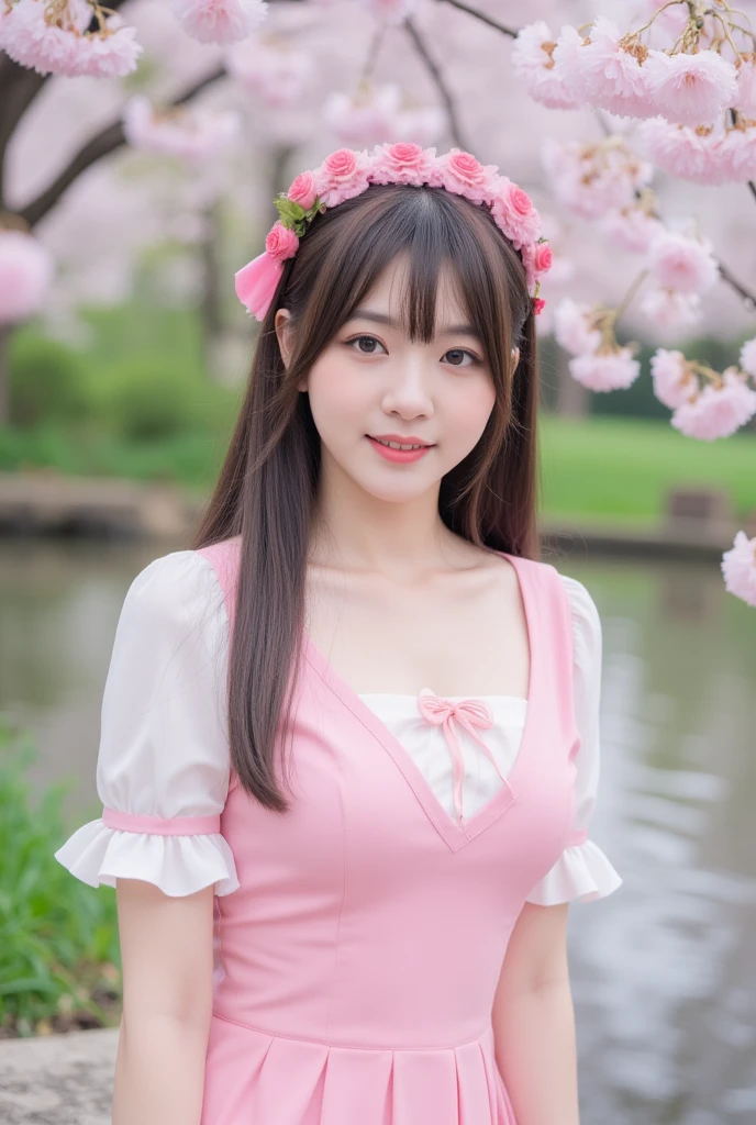 photo cosplayer yaemiko genshin impact, cute face, beautiful, japanese, posing in the pond, cherry blossoms falling, best quality lighting, very real photo, real person photo, realistic photo, photography, cute smile,big breasts, pink dress