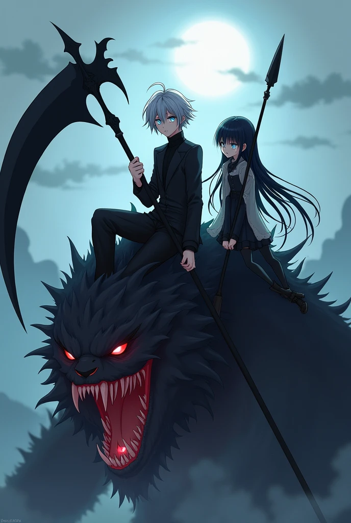 A dramatic, cinematic nighttime scene in a mysterious jungle, where a pair of 20-year-old twins, unexpectedly revealed as magical warriors, stand valiant and ready to face a pack of menacing wolf-like monsters. The twin brother, a charismatic hero, is dressed in his - a crisp half-sleeve shirt, a tie knotted neatly around his neck, and a pair of shorts with socks pulled up to his knees, an odd juxtaposition against the backdrop of the wild. His sister, equally fierce and nimble, wears a short-sleeved shirt and a mini skirt that allows for swift movement as she wields her magical red glowing bow, a quiver of arrows slung over her shoulder. The siblings' eyes are locked onto the snarling beasts that prowl around them, their gazes filled with determination and a hint of surprise. The brother, armed with a majestic blue glowing sword, holds it aloft, the blade casting eerie shadows and a comforting light in the surrounding darkness. The monsters, with fur bristling and eyes aglow with malicious intent, encircle the duo, their massive forms weaving in and out of the dense foliage. The air is thick with tension as the twins stand back to back, their trust in each other unshaken. The magical aura of their weapons illuminates the scene, creating an ethereal dance of light and shadow that pierces the inky blackness of the jungle night. The twins' school emblem, a symbol of knowledge and unity, gleams faintly on the brother's shirt, serving as a stark reminder of the world they left behind to embrace their extraordinary destinies. Despite the danger, there's a sense of unity and unyielding spirit between them, hinting at the deep bond that fuels their courage. The scene is framed with an overhanging canopy of leaves, the moon peeking through to cast a silvery glow on the battle about to unfold, as the twins prepare to unleash their arcane powers to protect their realm from the encroaching horrors of the night.