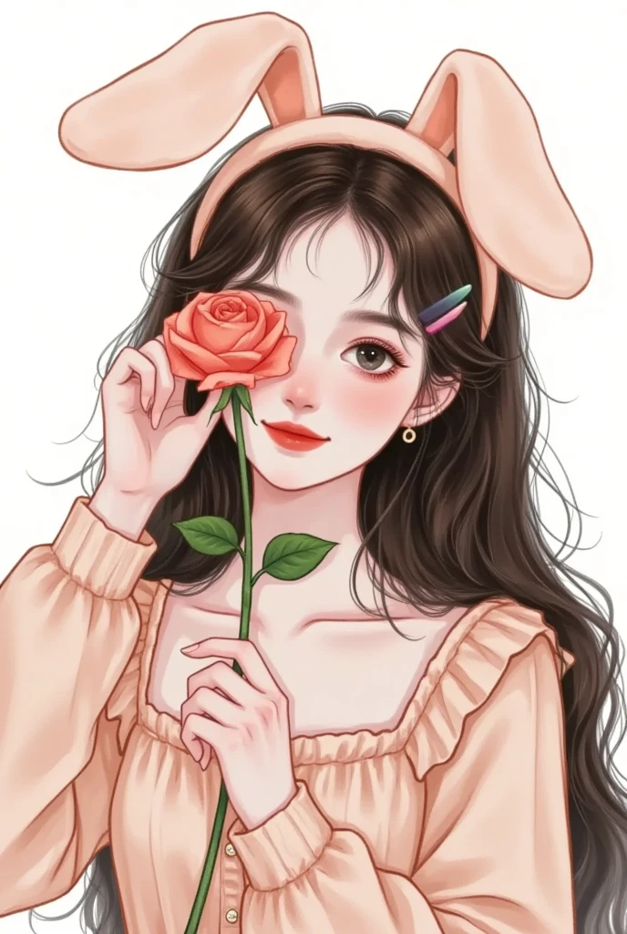 A cute girl wearing rabbit ears, Holding a rose in one hand to cover one eye