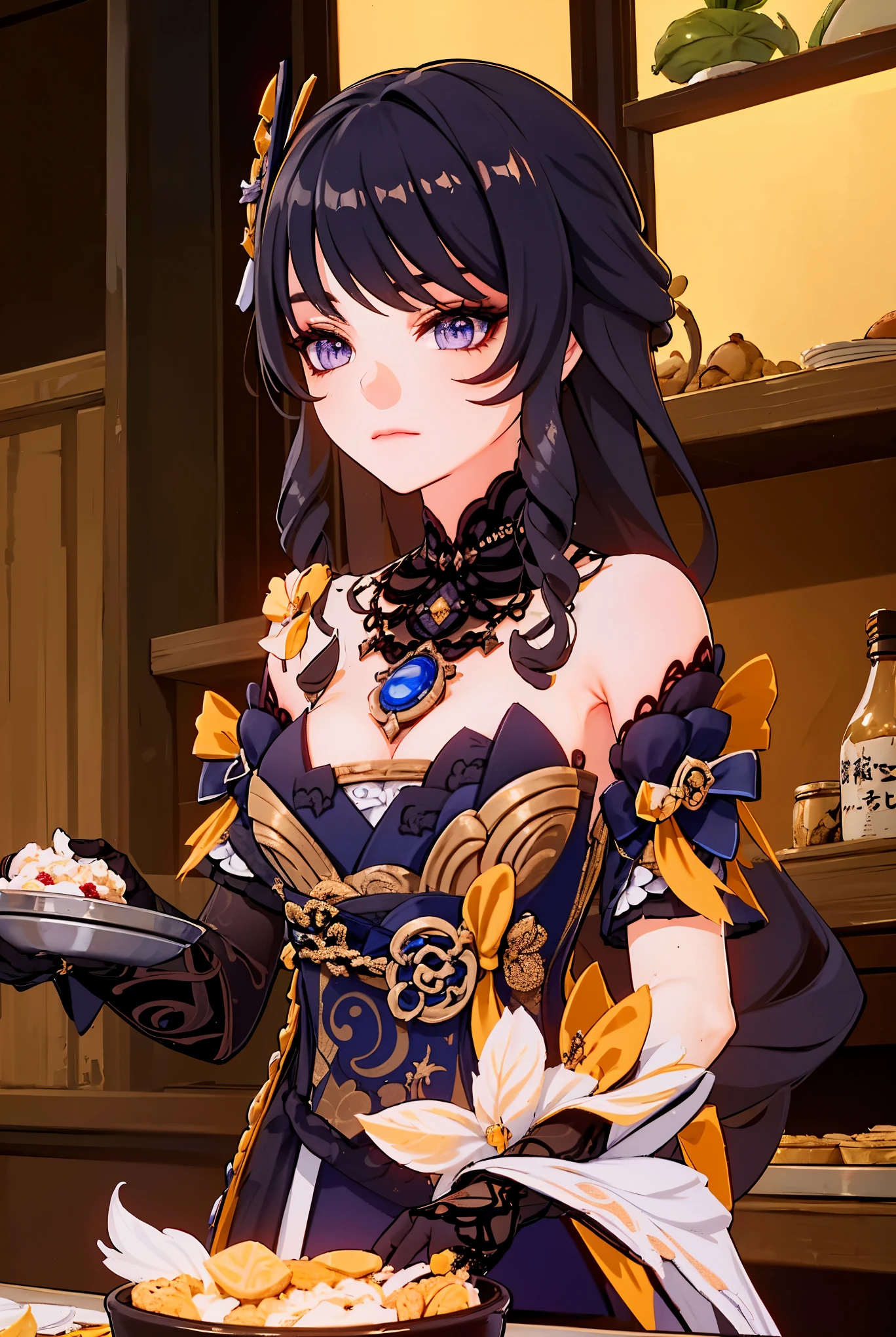 Female with purple hair wearing a kimono (Raiden Shogun) (Raiden shogun character) (genshin impact aesthetics) cooking bad slop, emotionless expression 