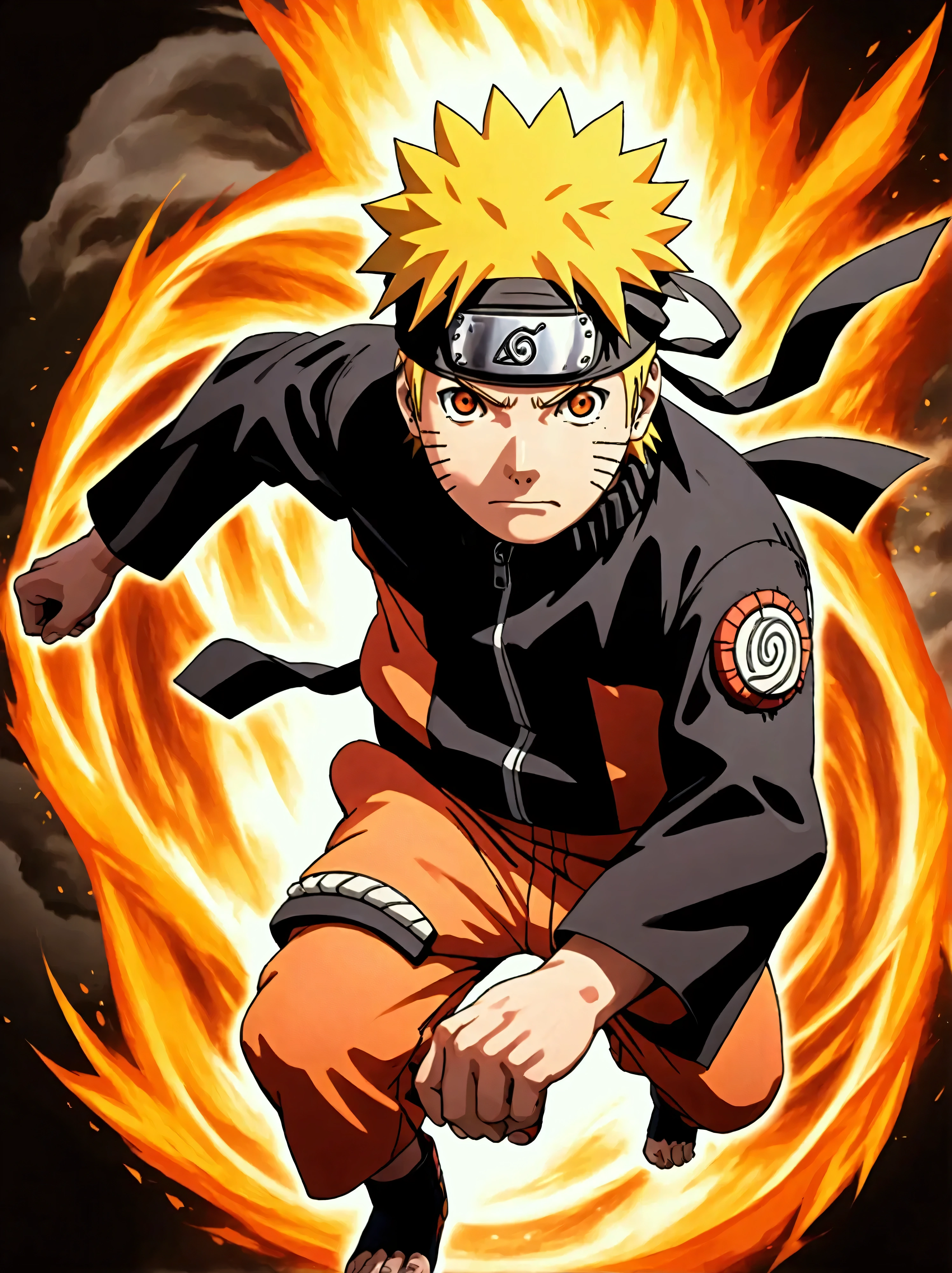 Create an exciting poster with Naruto from 'Naruto" em um ataque de raiva, wolf-headed. Capture the essence of his fiery determination and unyielding spirit as he unleashes his wrath on his enemies. Mantenha-o curto, ousado, e intenso para transmitir o poder bruto da raiva de Luffy, boy, anime