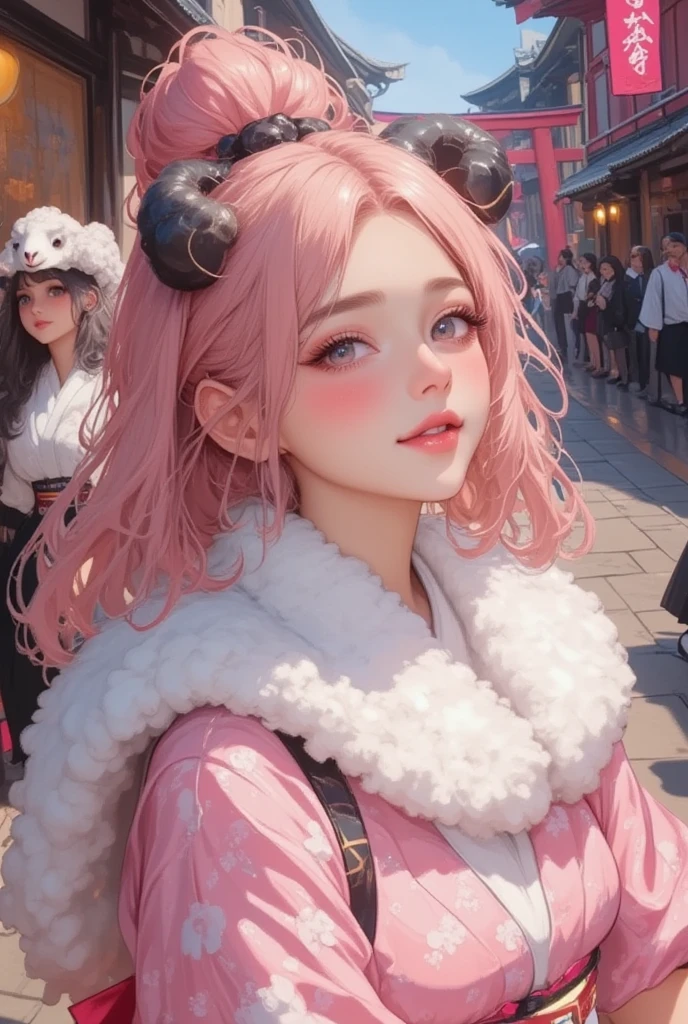 (masterpiece:1.3, top quality :1.3, detailed depiction :1.3, Amazing high definition :1.3, High Quality Anime Paintings ), 1girl, A soft smile:1.3, Pink gloss:1.2,  pink fluffy hair, Tied up hair,,  sheep motif hairpin , round sheep horn :1.2, Thick eyebrows, Pink long-sleeved kimono:1.2, pink long-sleeved kimono:1.2,  with white fur wrapped around the neck,  brown boots , shrine, Fair stalls line up , torii