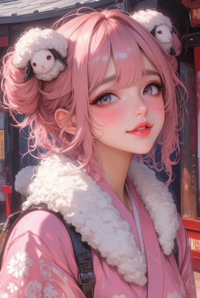 (masterpiece:1.3, top quality :1.3, detailed depiction :1.3, Amazing high definition :1.3, High Quality Anime Paintings ), 1girl, A soft smile:1.3, Pink gloss:1.2,  pink fluffy hair, Tied up hair,,  sheep motif hairpin , round sheep horn :1.2, Thick eyebrows, Pink long-sleeved kimono:1.2, pink long-sleeved kimono:1.2,  with white fur wrapped around the neck,  brown boots , shrine, Fair stalls line up , torii