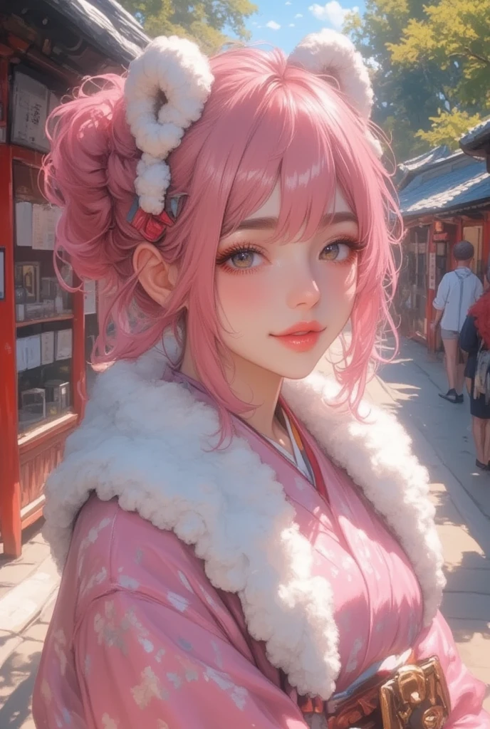 (masterpiece:1.3, top quality :1.3, detailed depiction :1.3, Amazing high definition :1.3, High Quality Anime Paintings ), 1girl, A soft smile:1.3, Pink gloss:1.2,  pink fluffy hair, Tied up hair,,  sheep motif hairpin , round sheep horn :1.2, Thick eyebrows, Pink long-sleeved kimono:1.2, pink long-sleeved kimono:1.2,  with white fur wrapped around the neck,  brown boots , shrine, Fair stalls line up , torii