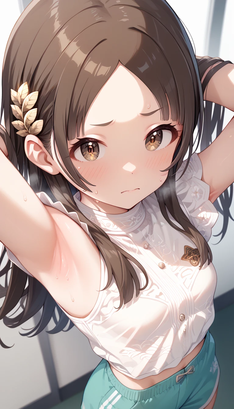 1girl, kuramoto china,gakuen idolmaster,, kuramoto china, china-gym,kuramoto china,brown eyes,brown hair,long hair,hair ornament,white shirt,short sleeves,green shorts,:o,sweat,((armpit focus)),face focus, from side,long hair, looking at viewer, (small breast), solo, white background,masterpiece, best quality, good quality, newest,,break,light blush,light embarrassed,Underarm pussy,from above,steam,